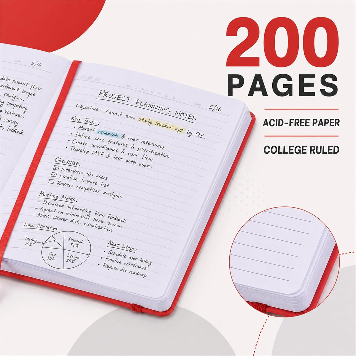 SUIN Hardcover-Journal-Notebooks, A5 Lined Journals Notebook for Writing 200 Pages, 8.2 x 5.5 inch, Classic Ruled Notebooks for Work/Travel/College (Red- 1 Pack)