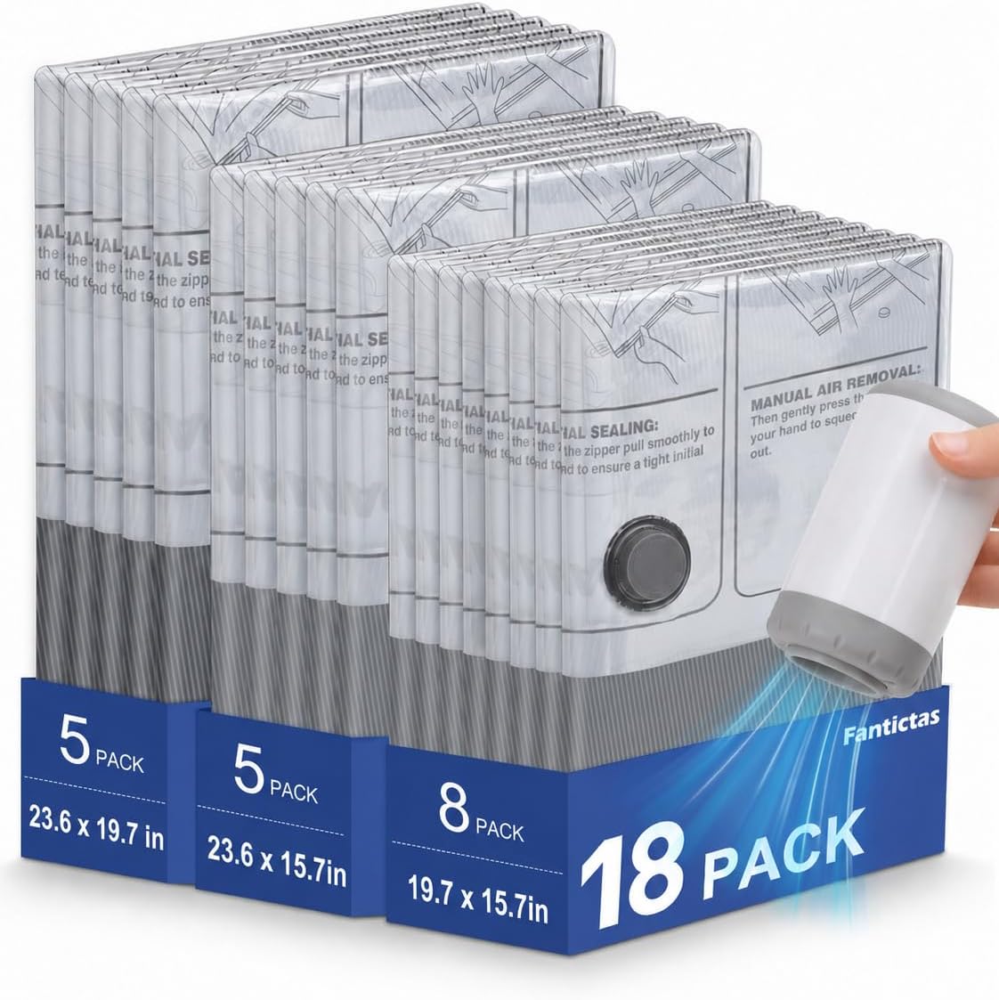Fantictas Vacuum Storage Bags for Clothes, 18 Pack with Electric Pump