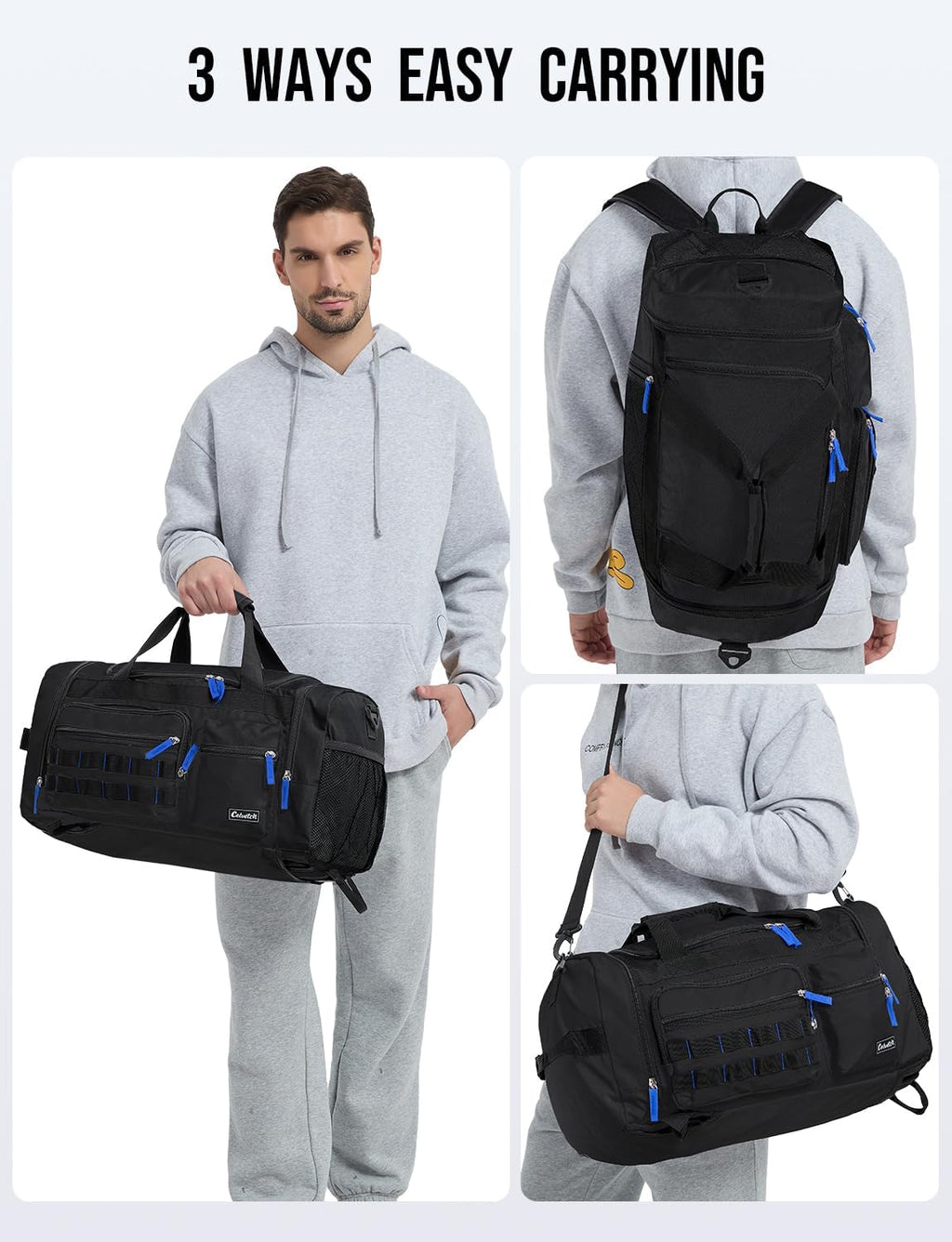 Gym Bag for Men Women 3-in-1 Sports Travel Duffel Bag, 61L, Black