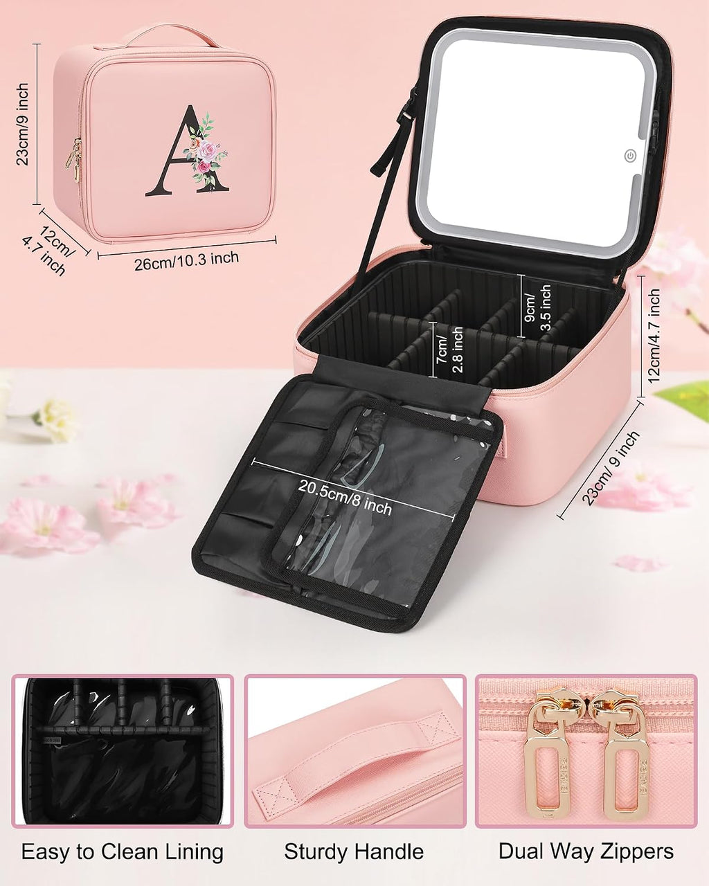 Relavel Initial Makeup Bag with LED Mirror for Women Girls, Personalized Travel Cosmetic Organizer Train Case, Birthday Gifts for Grandkids Bridesmaid Graduation Teacher Friends, Trendy Stuff, Pink O