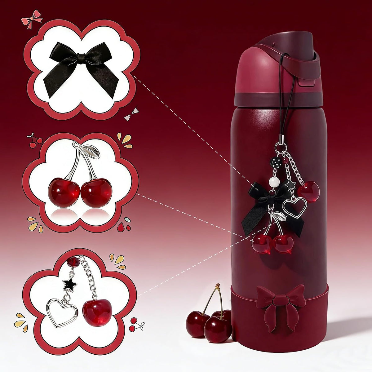 Black Cherry Charm Bow Silicone Boot Set for Owala 24/30/32/40 oz