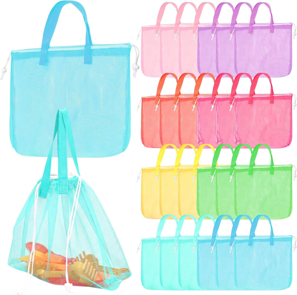 Paterr 24 Pcs Seashell Bag Mesh Drawstring, Foldable Beach Tote, 8 Colors