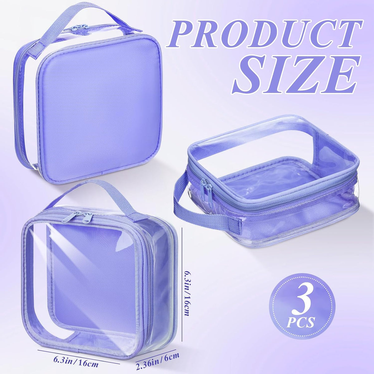 Abbylike 3 Pcs Small Toiletry Bags Reusable Quart Size Travel Liquid Pouch Single-sided Clear PVC Carry-on Organizer with Handle Cosmetic Bags for Airport Security Women Men(Purple)