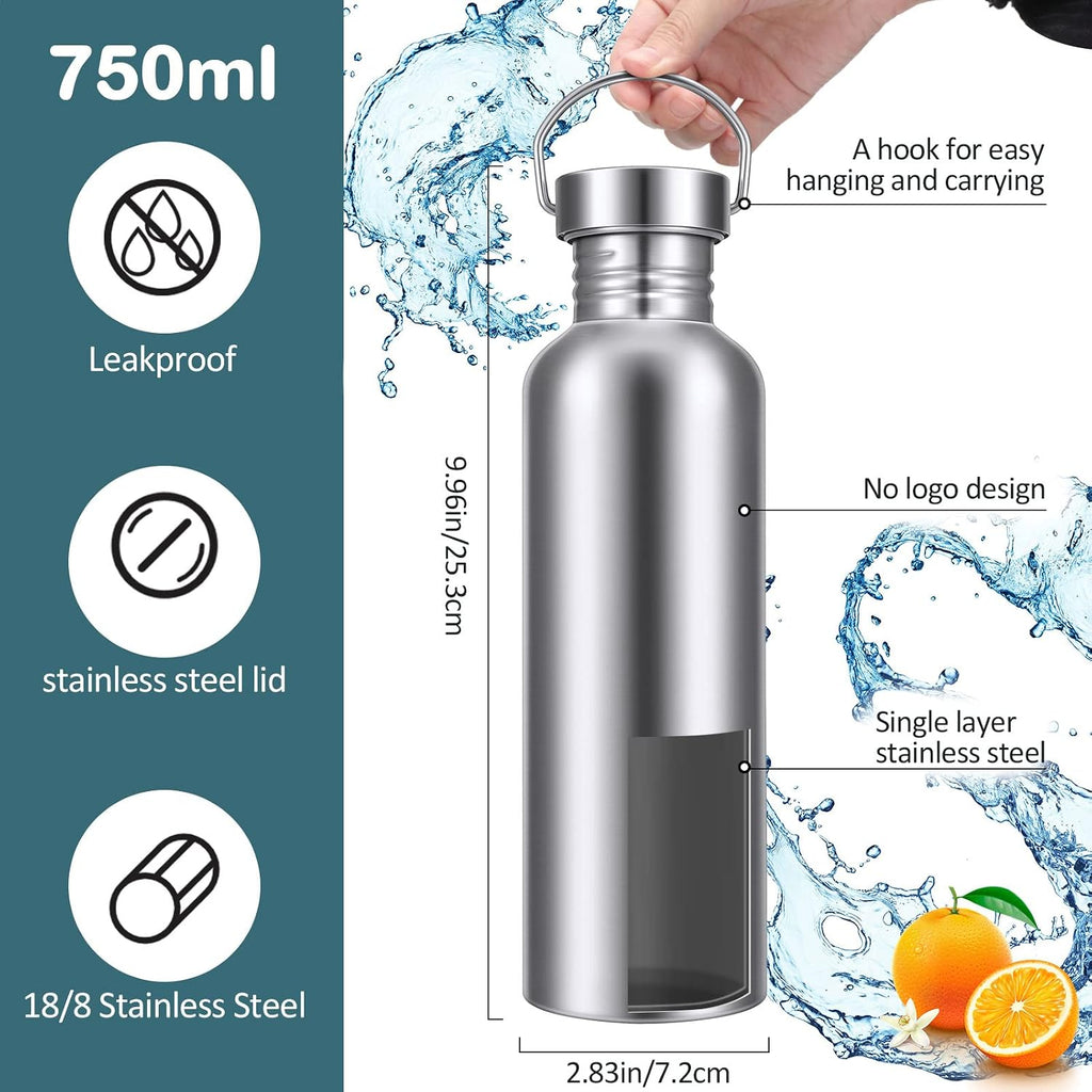 CHENGU 4 Pack Single Wall Stainless Steel Water Bottles 304 18/8 Metal Water Bottle Camping Bottles for Sports, Cyclists, Runners (Silver,26 oz)