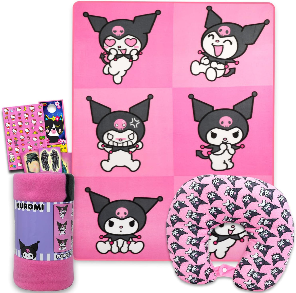 SANRIO Kuromi Neck Pillow and Blanket Set - Bundle Kuromi Travel Neck Pillow, Kuromi Fleece Blanket, Stickers, More | Kuromi Travel Accessories