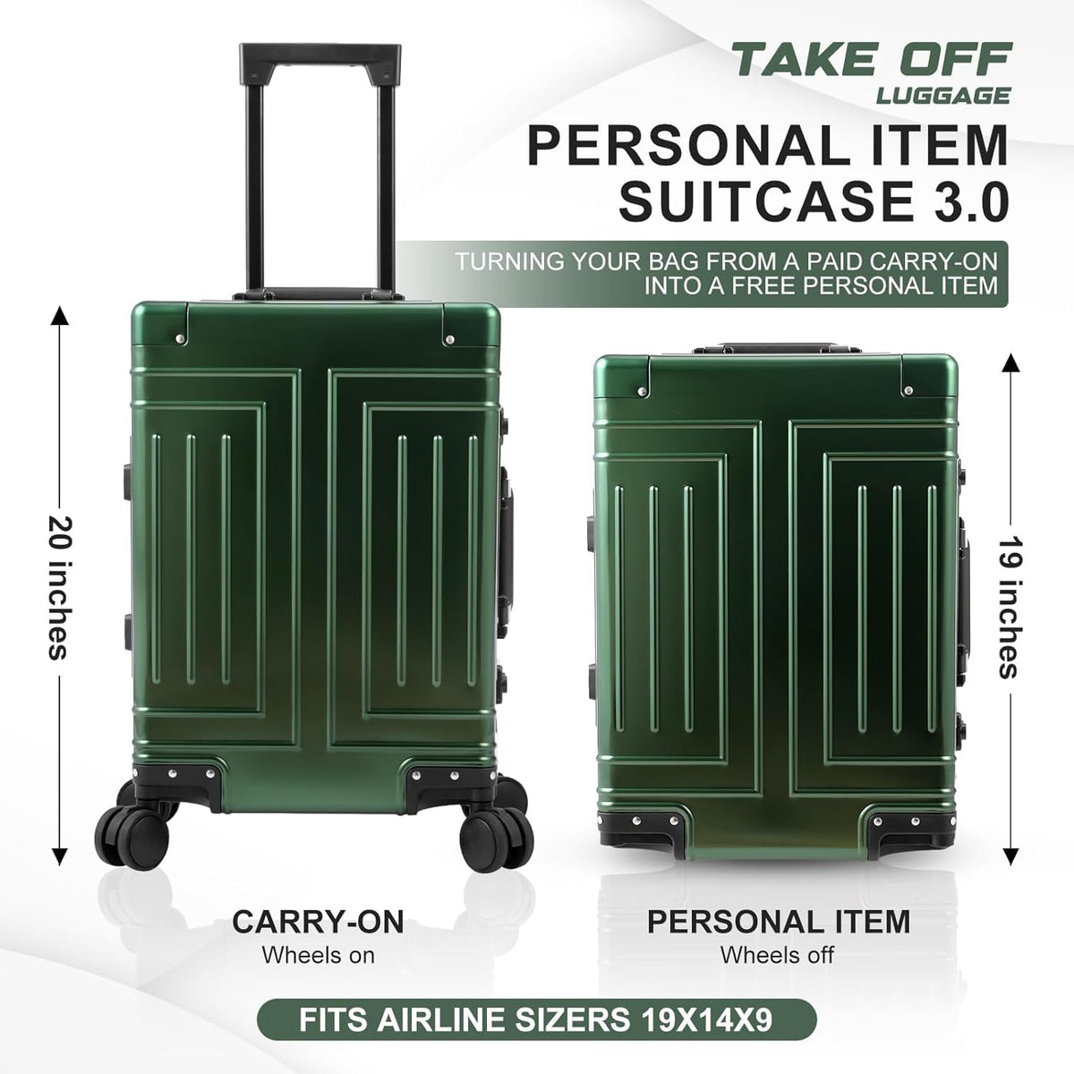 All Aluminum Magnesium Carry On Luggage，Cut from Whole Aluminum Sheet，22x14x9 Airline Approved ，（3rd Generation，Premium Magnesium Metal zipperless suitcase ） (green, 20in+26in)