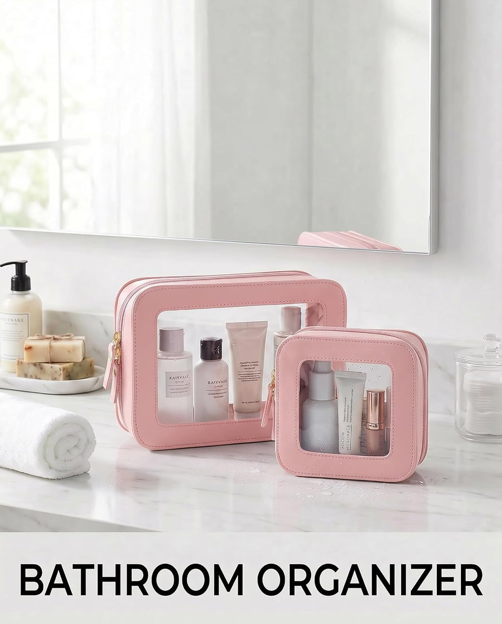 LETGO Makeup Bag Set of 2,Travel Toiletry Bag for Women, Small Cosmetic Bags Cute PVC Makeup Pouch for Purse Emergency Bag Car Accessory Bag for Girls (2Pack-Standard&Square, Light Pink)