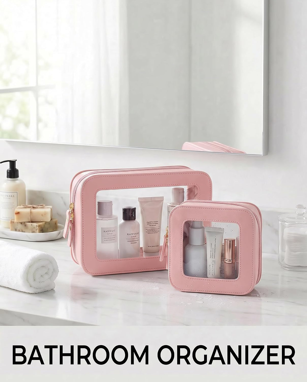 LETGO Makeup Bag Set of 2,Travel Toiletry Bag for Women, Small Cosmetic Bags Cute PVC Makeup Pouch for Purse Emergency Bag Car Accessory Bag for Girls (2Pack-Standard&Square, Light Pink)