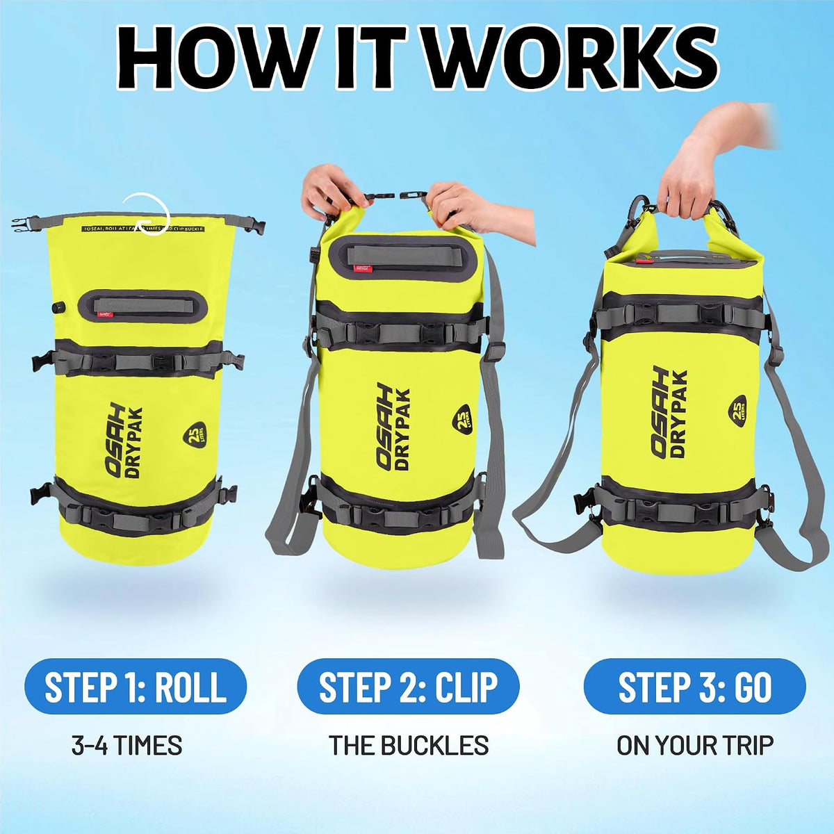 OSAH DRYPAK 25L Waterproof Dry Bag - Motorcycle Luggage Tail Bag with Straps for Back Seat, Roll Top Lightweight Waterproof Backpack Sack for Travel, Swimming, Boating, Kayaking, Camping and Beach