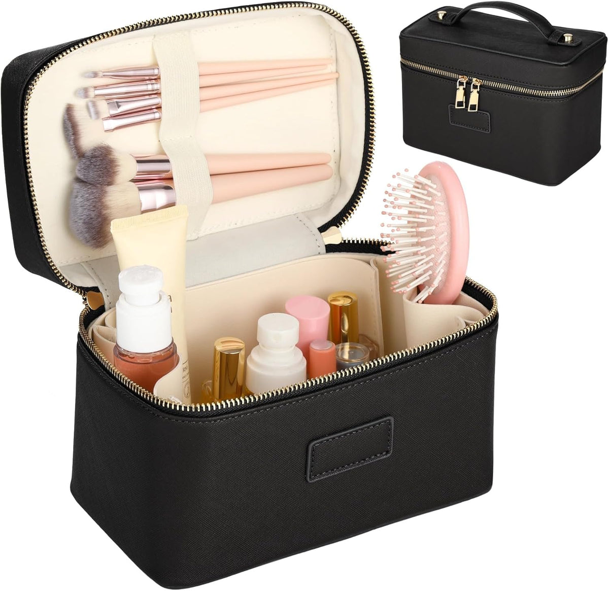 Makeup Vanity Bag for Women - Large Capacity Cosmetic Organizer with Removable Liner, Waterproof PU Leather Skincare Bag, Portable Chic Cosmetic Make Up Case for Skincare, Accessories,StyleB, Black