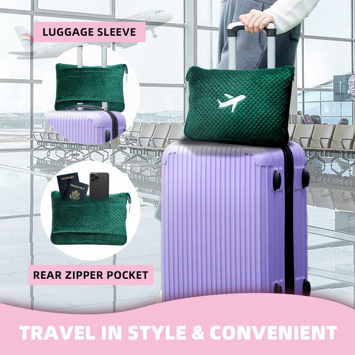 3 in 1 Travel Blanket Pillow Set - 350 GSM Thick Travel Blanket Airplane Compact with Bag, Soft Bag with a Pocket, Inflatable Travel Pillow for Camping & Car Trip (Dark Green)