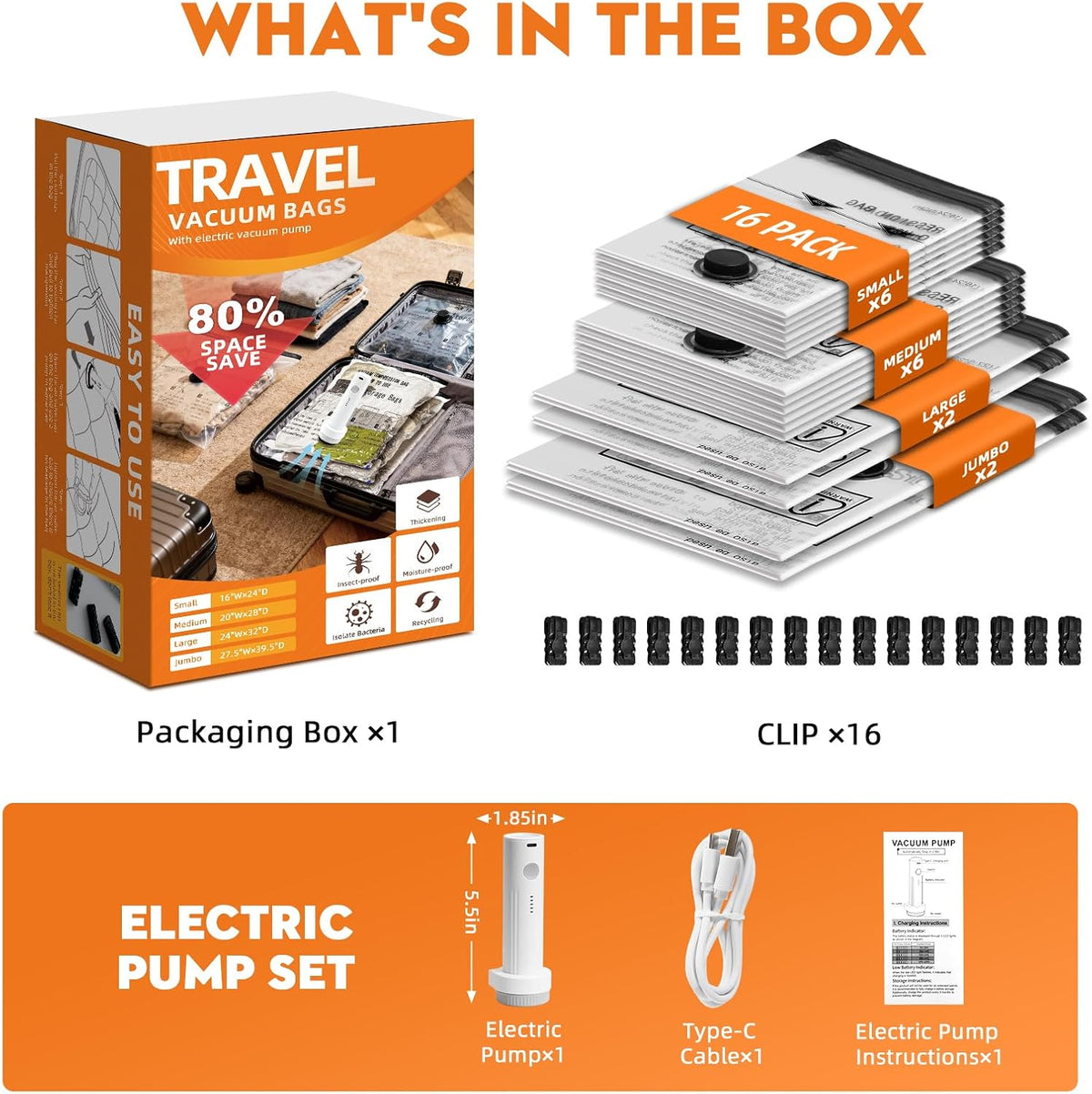 Travel Vacuum Bags with Electric Pump, 16 Pack Luggage Storage Seal Bag, Clothes Compression Suitcase Packing Sealer Bags, Cordless Hefty Vacuum Sealed Space Saver Bags (6S+6M+2L+2J)