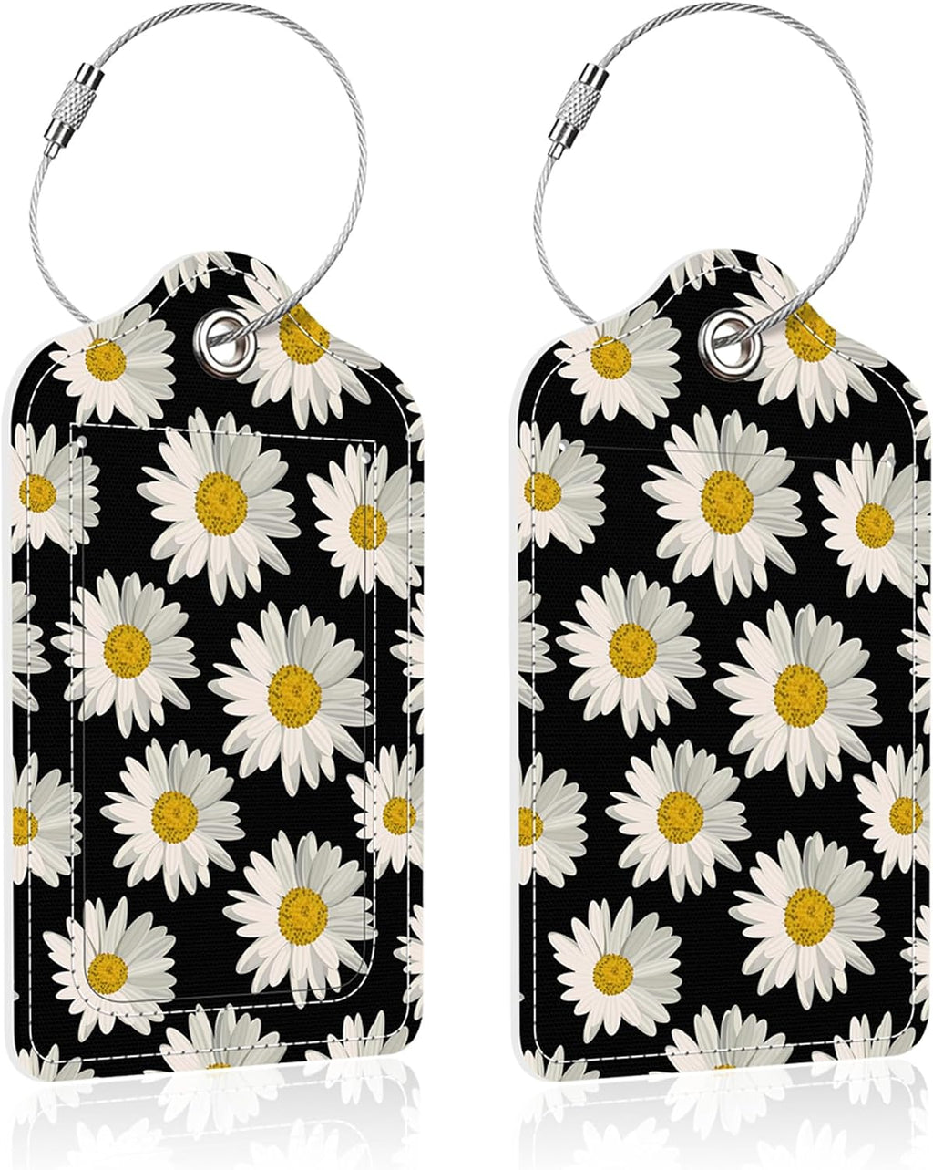 2 Pack Luggage Tag for Suitcase,Daisy PU Leather Suitcase Tags Identifiers with Privacy Name Address Labels and Steel Loop for Women Men Travel