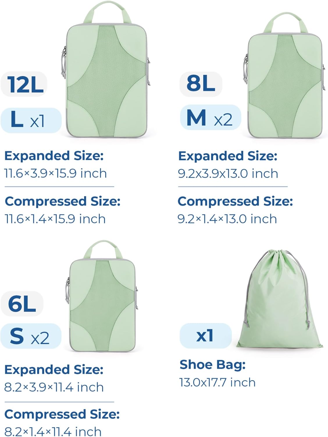 Bagsmart Compression Packing Cubes (Light Green, 6 Set)