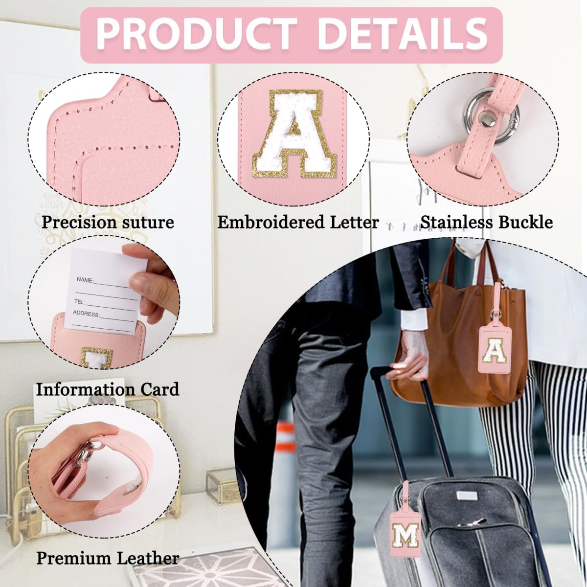 Personalized Initial Luggage Tags for Suitcases, Leather Chenille Letter Cute Luggage Tags with Privacy Name Card, Embroidered Travel Bag Backpack Tag Gifts for Women Kids Girls Teens(Pink-R)