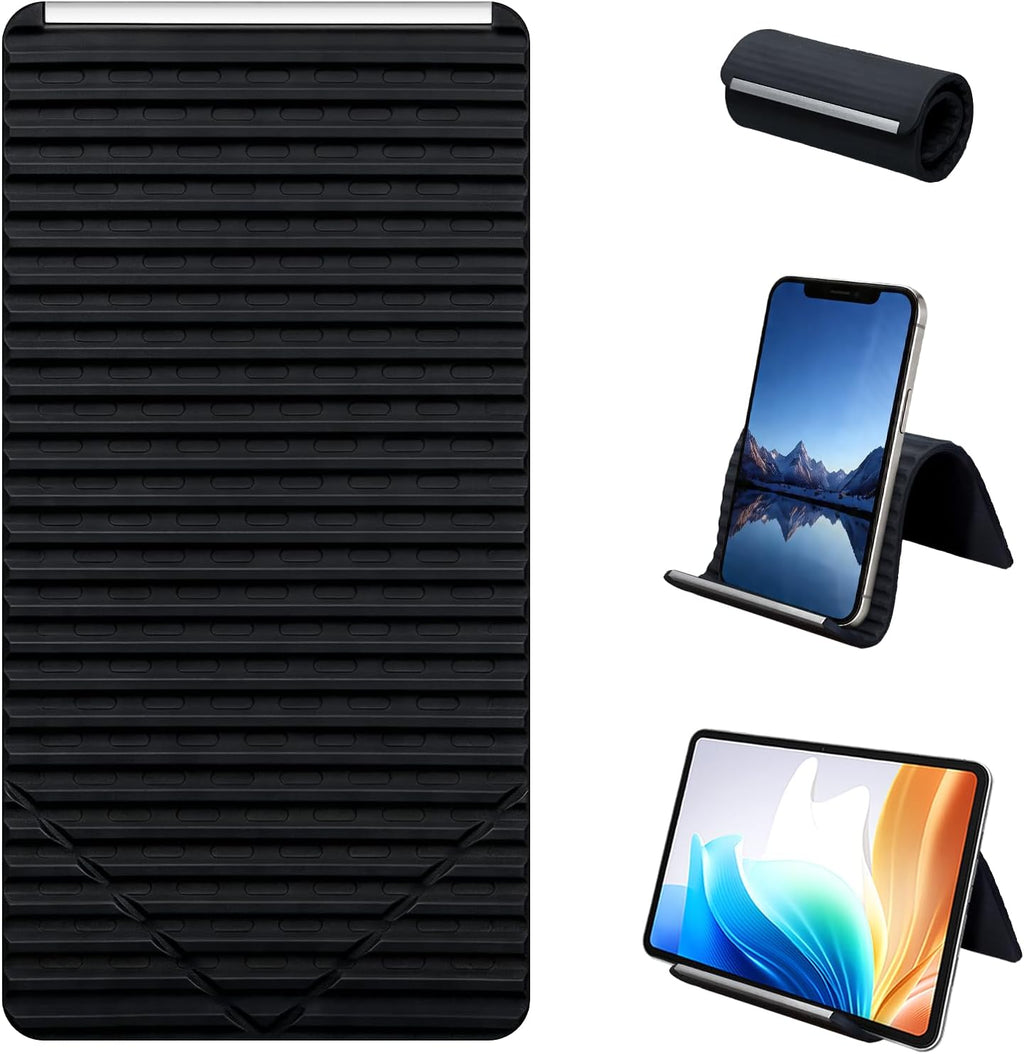 Foldable Phone Stand, Flexible Phone Holder Built-in Aluminum Anti-Slip Silicone Portable Phone Stand for Phone Tablet Laptop Bed Office Airplane Travel Black