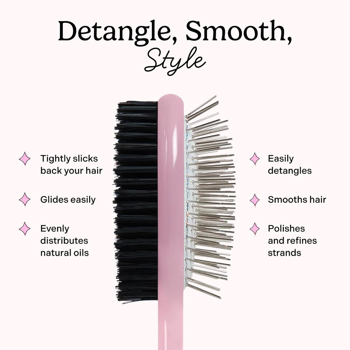 Mane Double Take Dual-Sided Hair Brush - Two-in-One Travel Size Boar Bristle Hair Brush for Smooth Slick Backs & Metal Pin Side for Detangling - For Ponytails, Buns & Touch-Ups On the Go