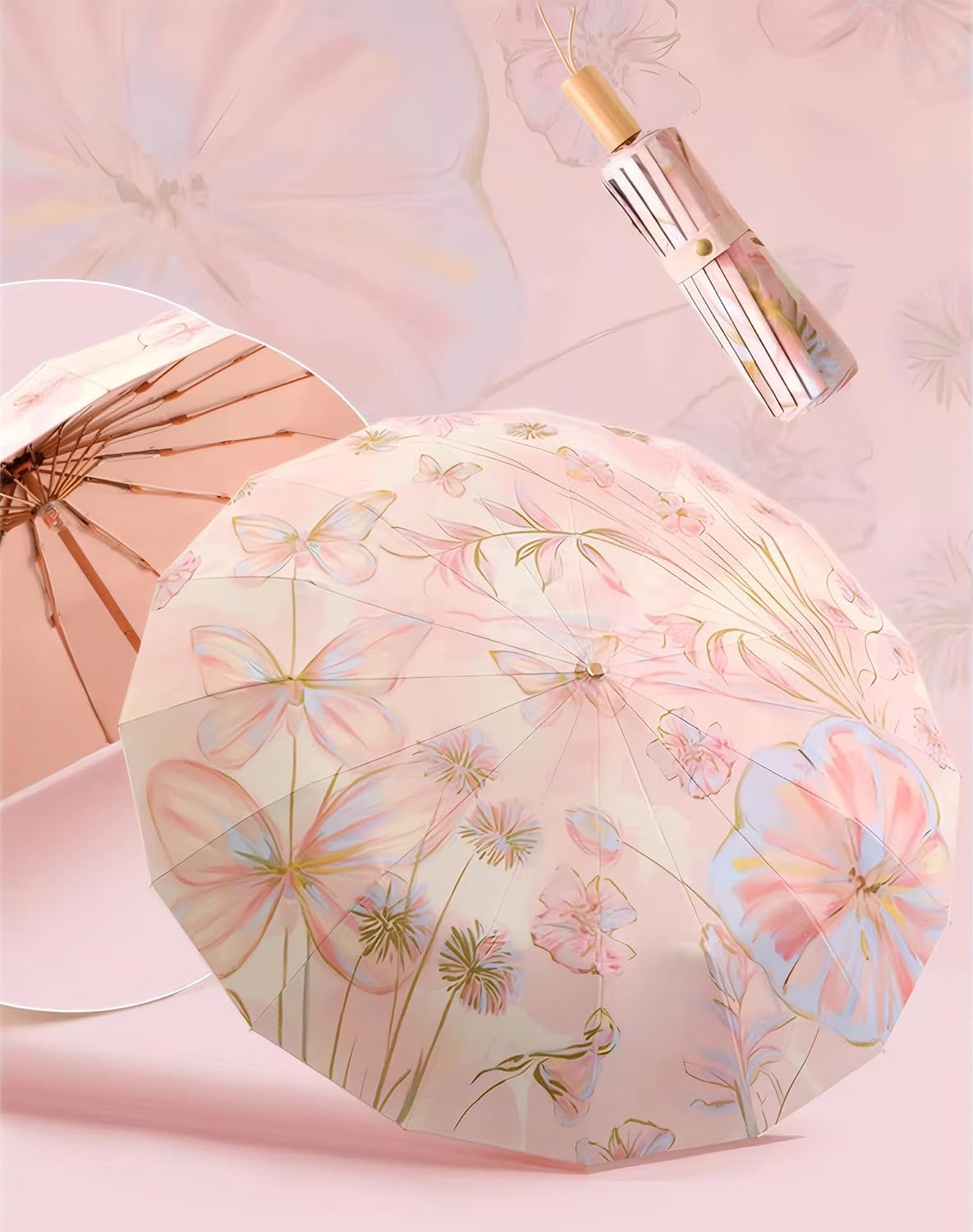 UPF50+ Large Umbrella UV Protection Upgrade Thickened Double-bone Fiberglass Stylish & Durable 16-Bone Windproof Compact Travel Sun & Rain Parasol Flower Vintage Design for Women