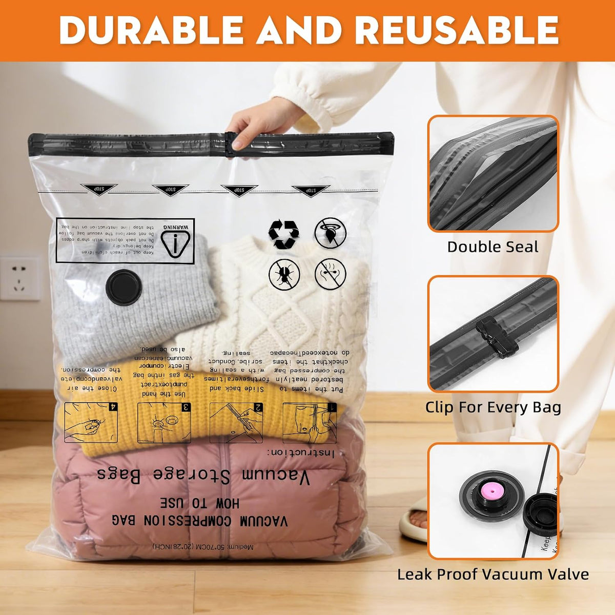 Travel Vacuum Bags with Electric Pump, 12 Pack Luggage Storage Seal Bag, Clothes Compression Suitcase Packing Sealer Bags, Cordless Hefty Vacuum Sealed Space Saver Bags (4S+4M+2L+2J)