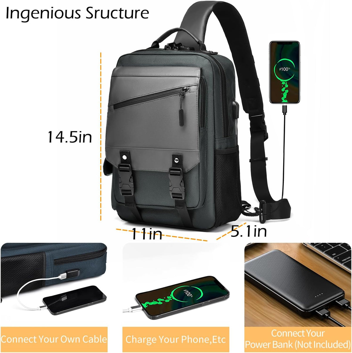 Leaper Large Crossbody Sling Bag: Fits 13" Laptop, 32oz Water Bottle & iPad