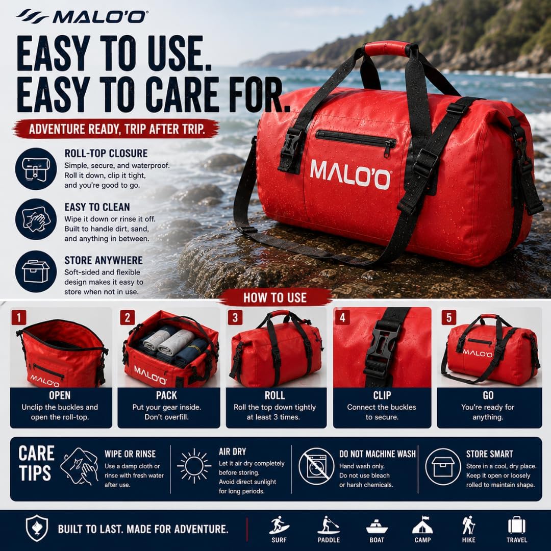Malo’o Waterproof Dry Duffel, Heavy-Duty Roll Top Waterproof Gear Bag with Shoulder Strap & Molle Loops, Marine Duffel for Kayaking, Boating, Camping, Beach & Travel, Dark Green, 60L