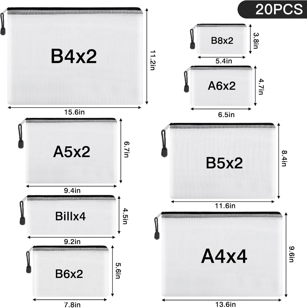 EOOUT 20pcs Mesh Zipper Pouch Bags 8 Size Water Resistant Zipper Bags Plastic Clear Storage Bags for Travel Office Home School Supplies and Board Game Organize