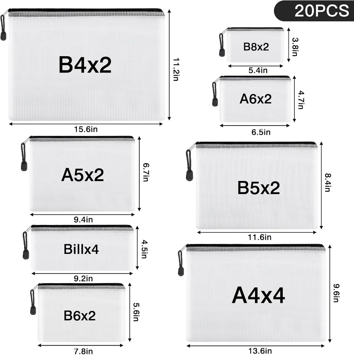 EOOUT 20pcs Mesh Zipper Pouch Bags 8 Size Water Resistant Zipper Bags Plastic Clear Storage Bags for Travel Office Home School Supplies and Board Game Organize