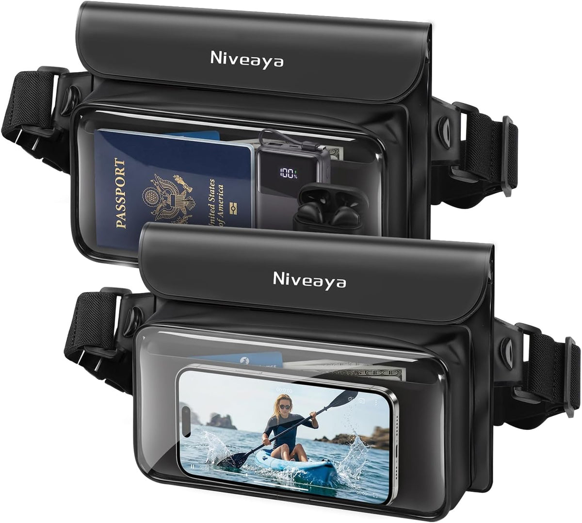 Niveaya IPX8 Floating Waterproof Fanny Pack Holds Phone, Passport & Cash