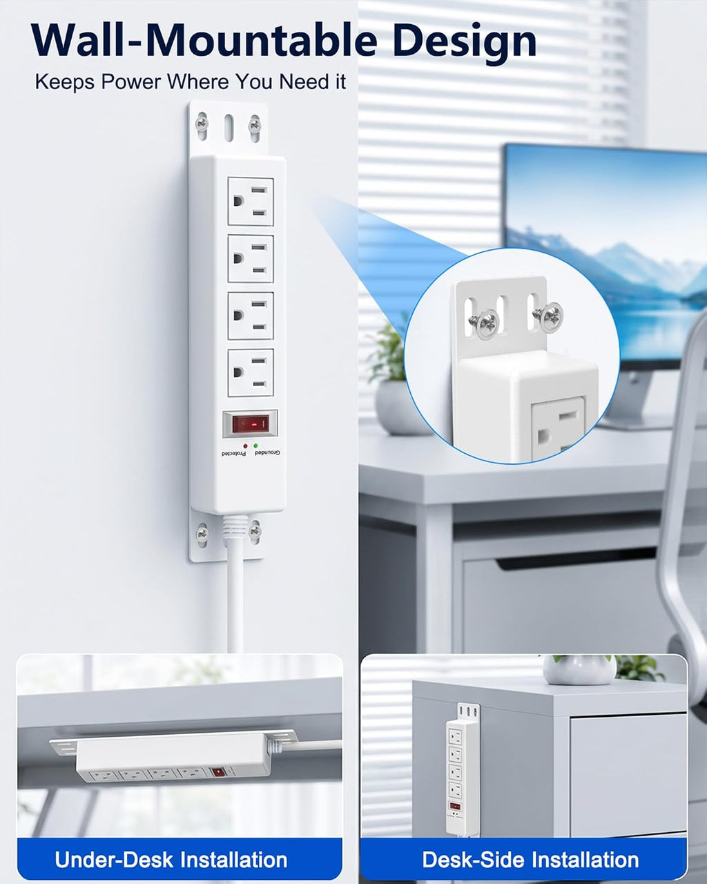 1500J Small Surge Protector Power Strip 4 Outlets 3 ft, White