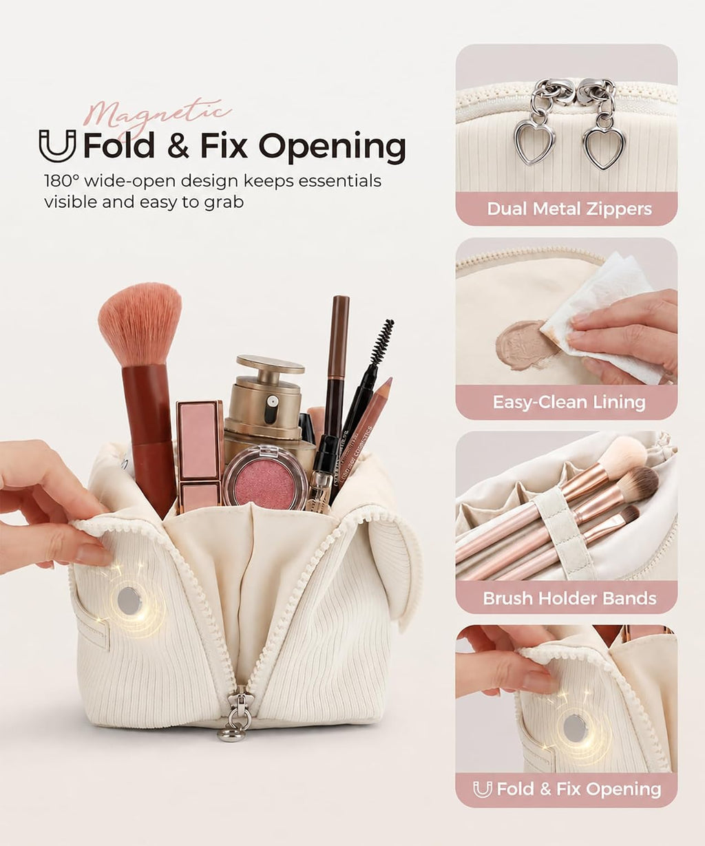 Travel Makeup Bag for Women, Magnetic Fold-Down Design, Off-white