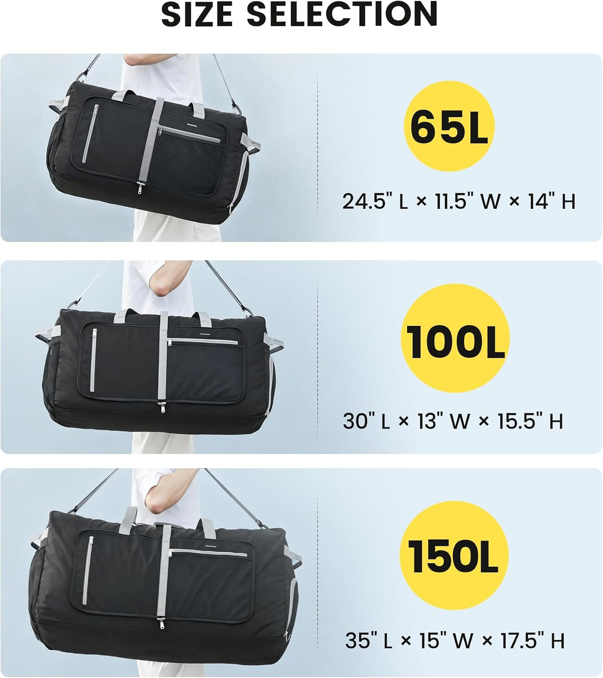 Vorspack 65L Foldable Duffle Bag for Travel with Shoe Compartment, Black