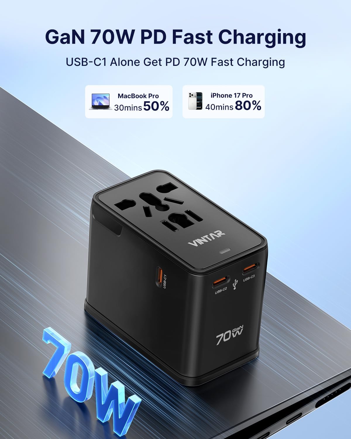 VINTAR 70W GaN Universal Travel Adapter, 5-in-1 International Power Adapter