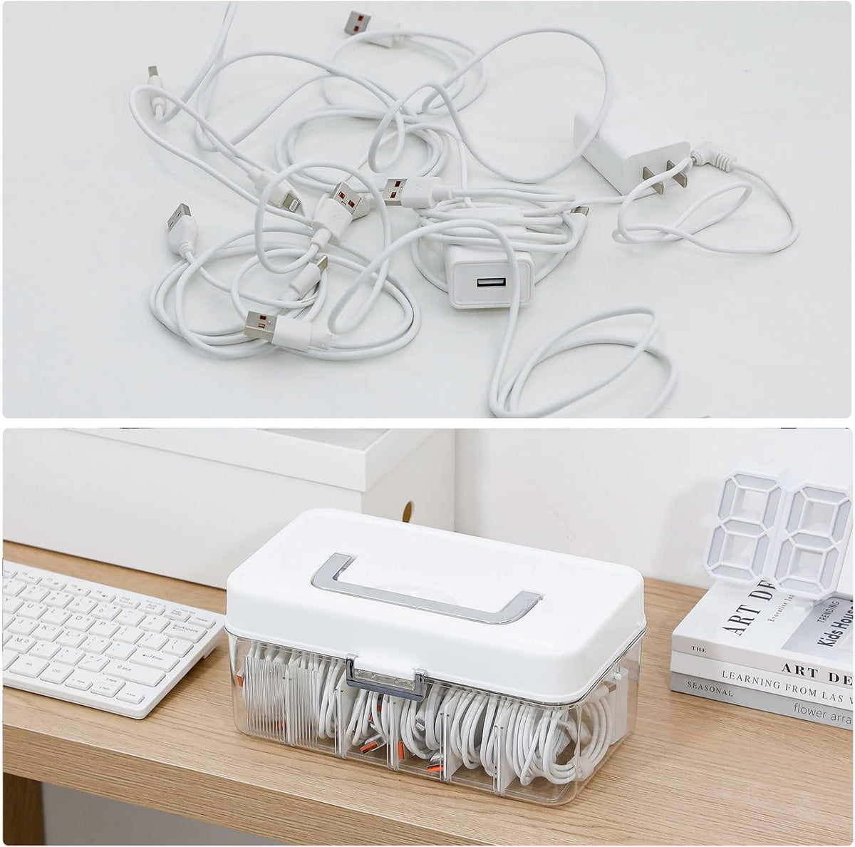 Large Cable Organizer Box with Lid and Wire Ties, Plastic
