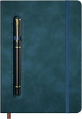 A5 Leather Notebook with Pen and Pen Holder, 224 Pages 100 GSM Thick Lined Paper Hardcover Journal for Men Women, College Ruled Daily Diary for Work Business School Travel - Navy Blue