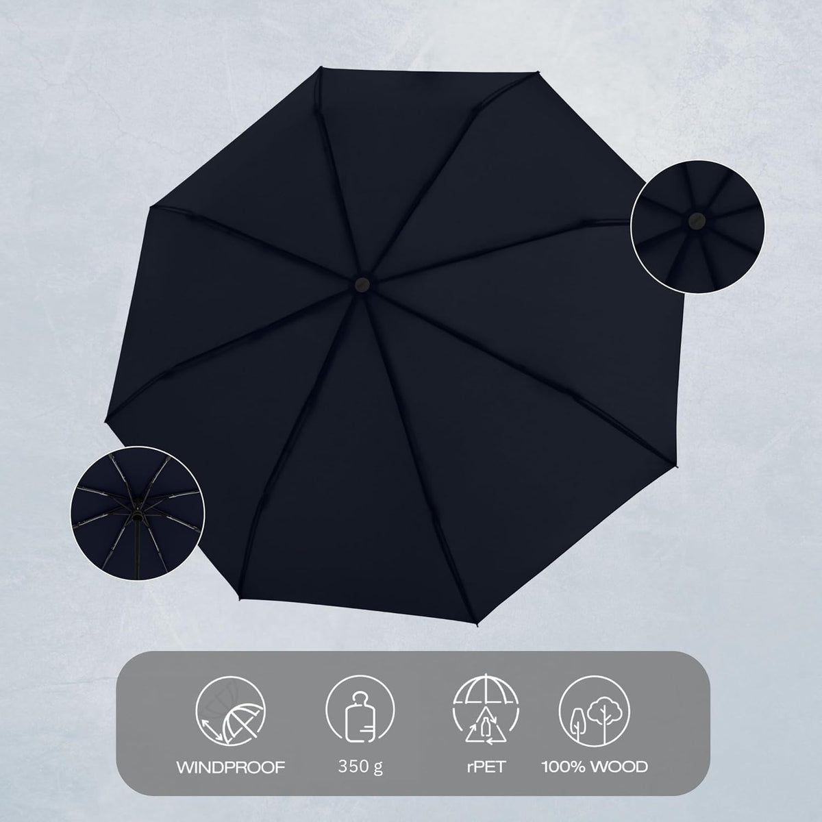 Knirps TIMBER Automatic Umbrella - Auto Open Close Duomatic Folding Rain Protection with German Beechwood Handle, Wind Tunnel Tested Frame, Compact Travel Design