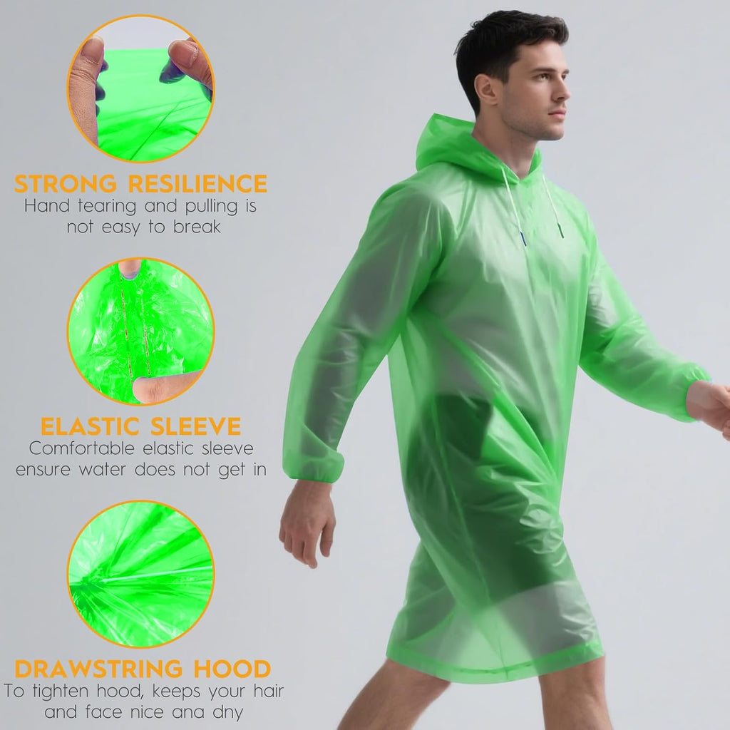 Bruvoalon 6, 20 & 50 Pack Disposable Rain Ponchos for Adults, Waterproof PE with Drawstring Hood and Elastic Cuffs
