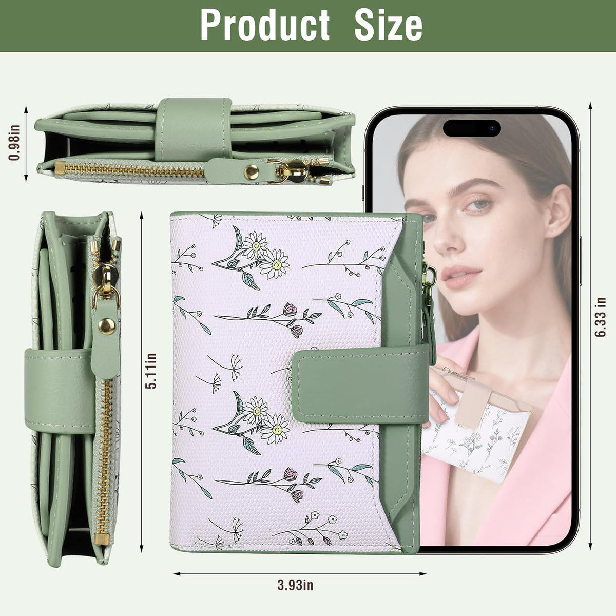 Small Womens Wallet-soft Leather RFID Blocking Bifold Zipper Pocket Credit Card Purse-Floral Pattern Wallet with ID Window (pink)