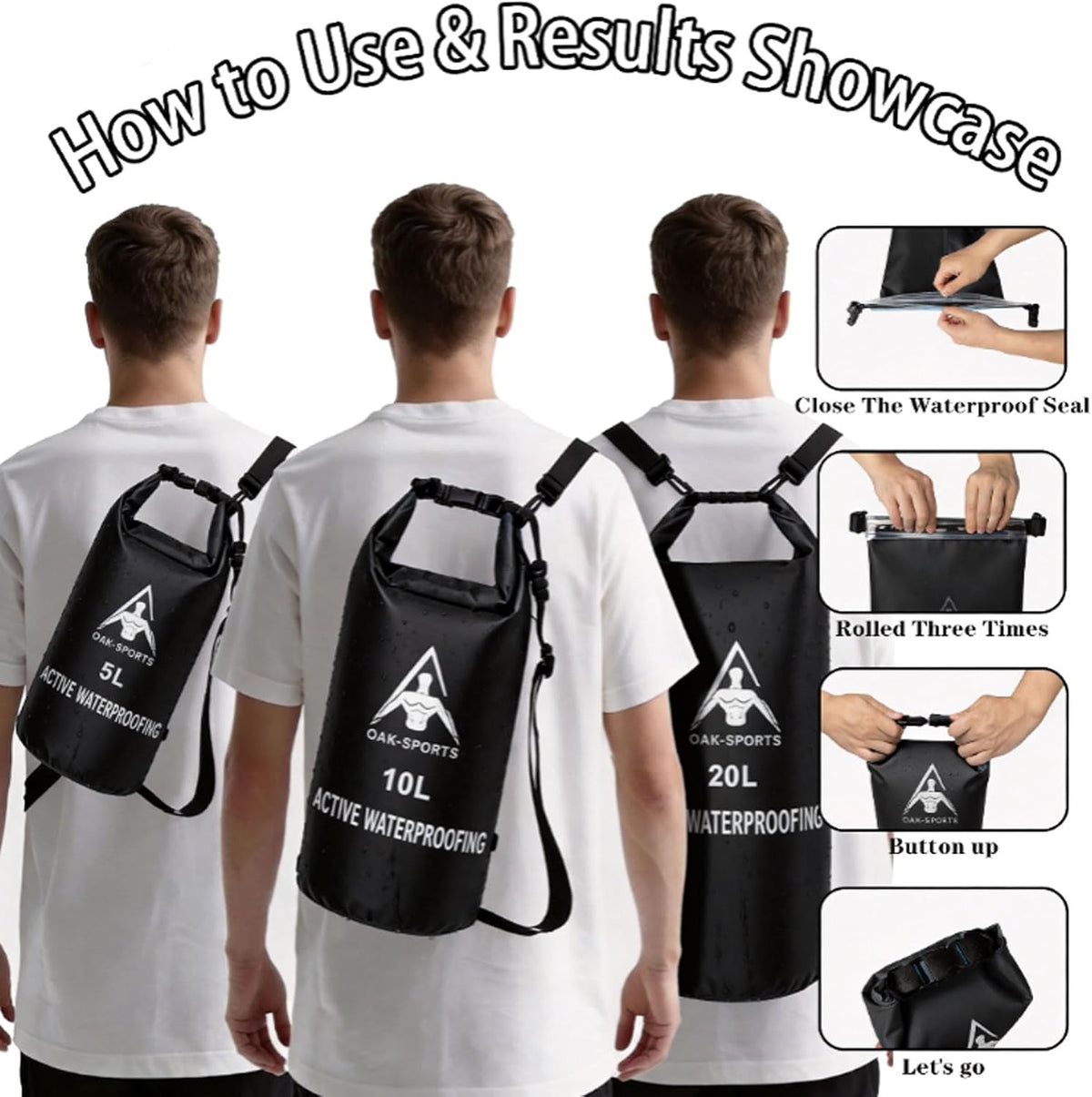 Oak-Sports Dry Bag Waterproof Backpack 5L/10L/20L/35L, Roll Top Lightweight Beach Bag (Classic Black, 10L)