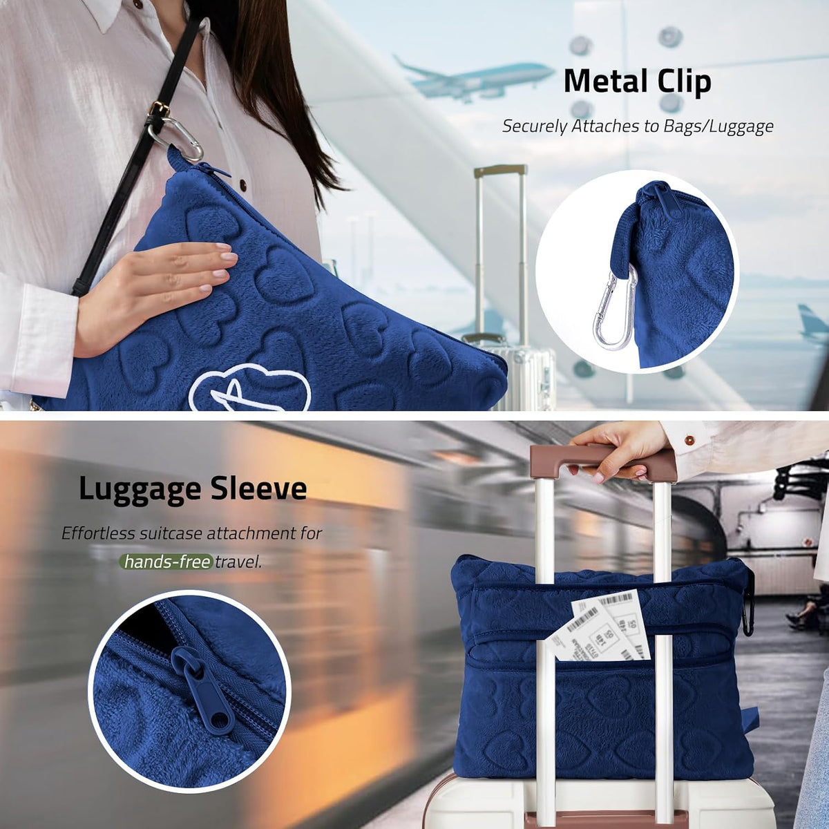 Travel Blanket, Airplane Blanket, Ultra-Soft, Warm & Lightweight, 65x40 in, Outdoor Blanket Essentials for Women, Men & Kids, Included Eye Mask, Luggage Sleeve & Backpack Clip Heart Navy Blue