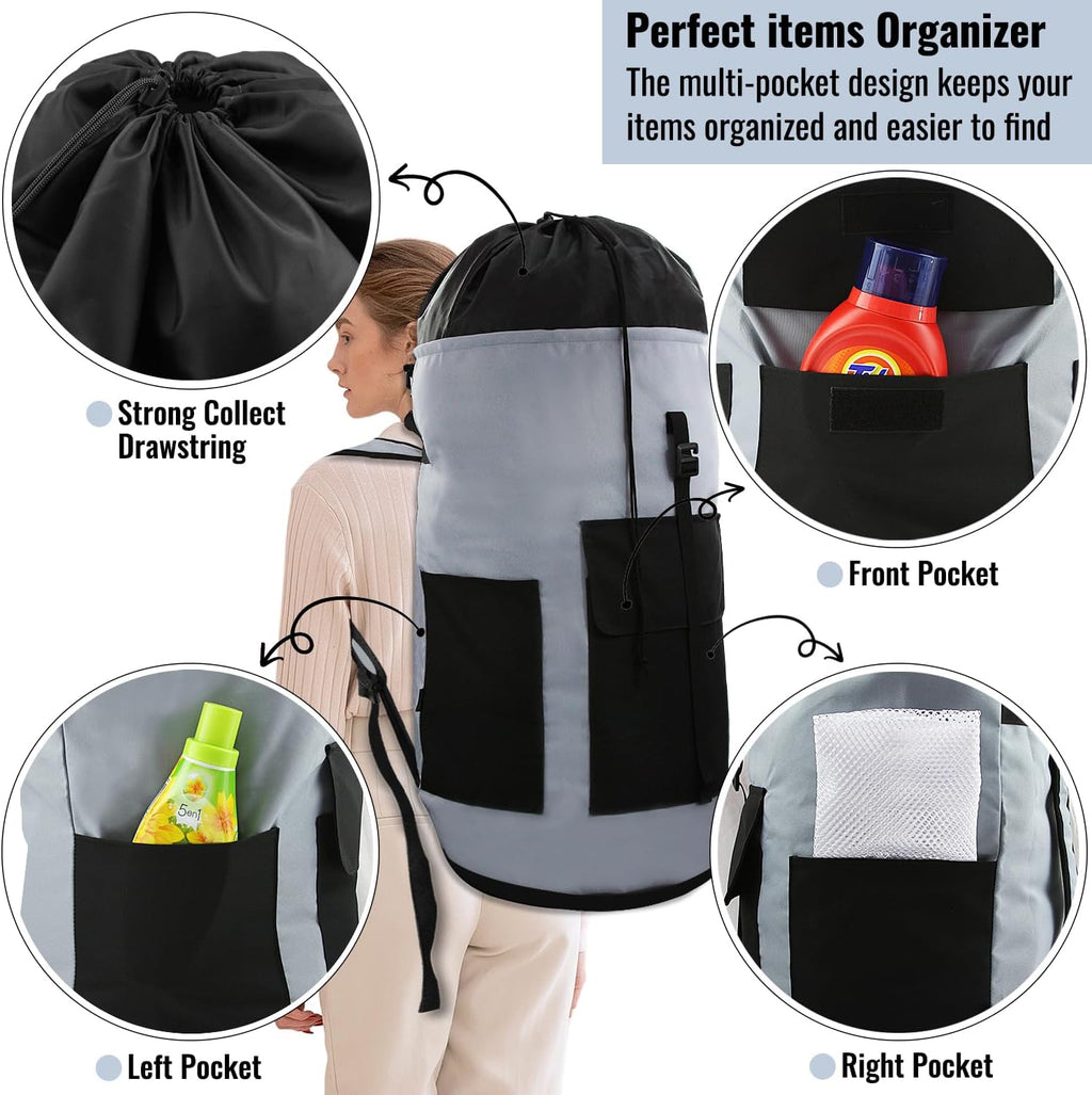 Laundry Bag Backpack 125L Extra Large, Heavy Duty 900D Coated Oxford Fabric, 3 Pockets Durable Travel Laundry Bags with Soft Padded Shoulder Straps for College Dorm, Apartment, Laundromat (Grey)