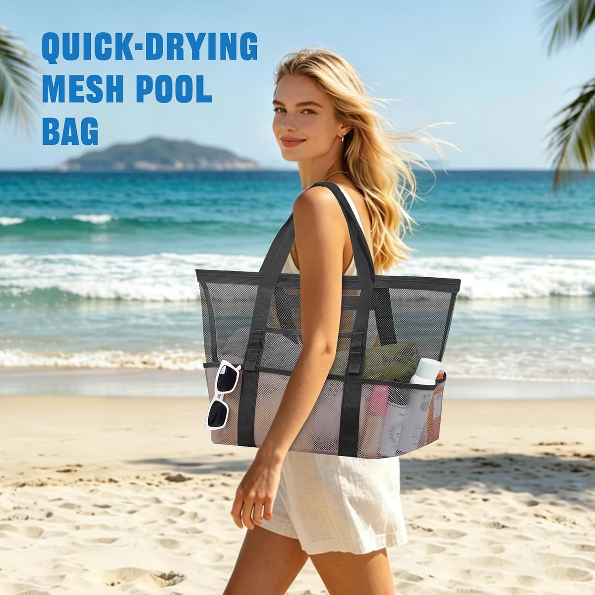 Large Mesh Beach Bag for Women, Sandproof 9-Pocket Beach Tote Bag, Quick-Drying Pool Bag for Travel Vacation