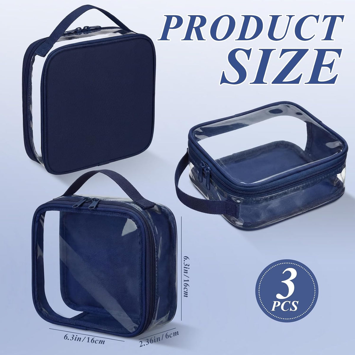 Abbylike 3 Pcs Small Toiletry Bags Reusable Quart Size Travel Liquid Pouch Single-sided Clear PVC Carry-on Organizer with Handle Cosmetic Bags for Airport Security Women Men(Navy Blue)