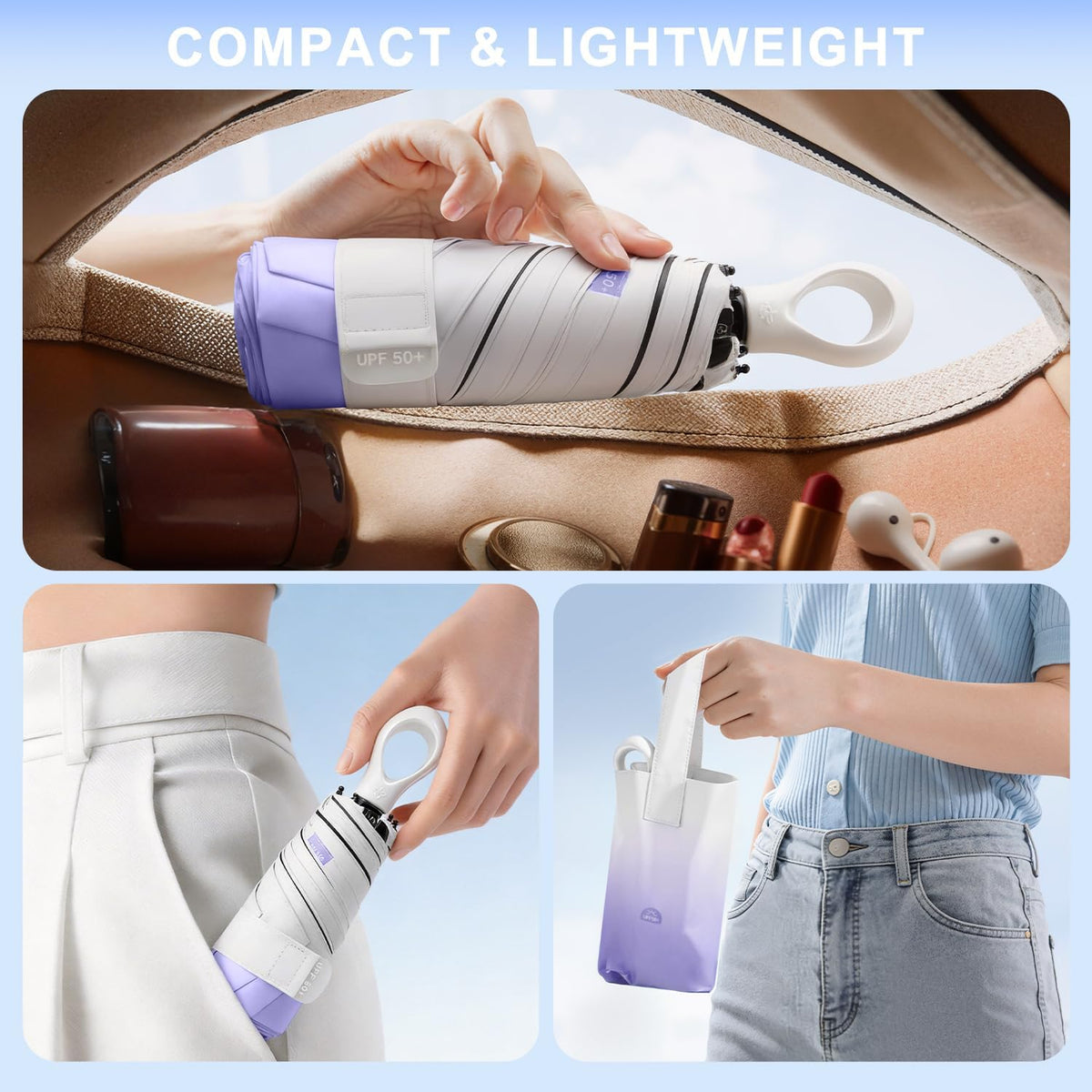 Gradient UV Umbrella UPF 50+, Mini Sun Parasol Foldable Compact Travel Size