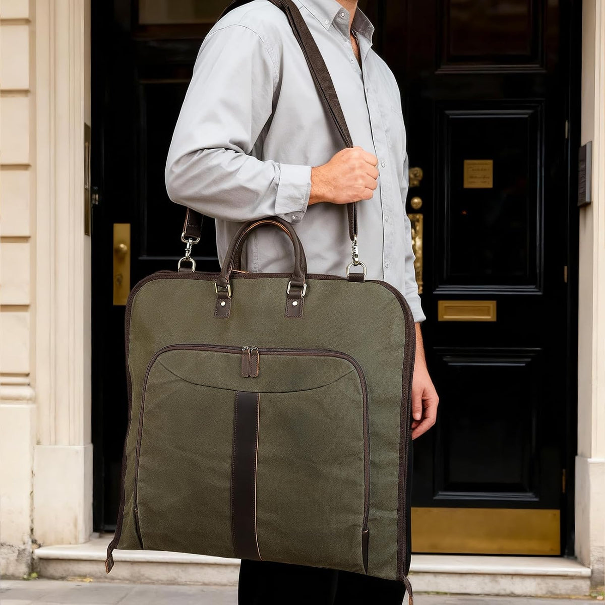Polare Waxed Canvas Full Grain Leather Trim Garment Carry On Bag for Travel, Foldable Hanging Suitcase Weekender Dust-Proof Garment Waterproof Cover with YKK Zipper and Adjustable Strap (Army Green)