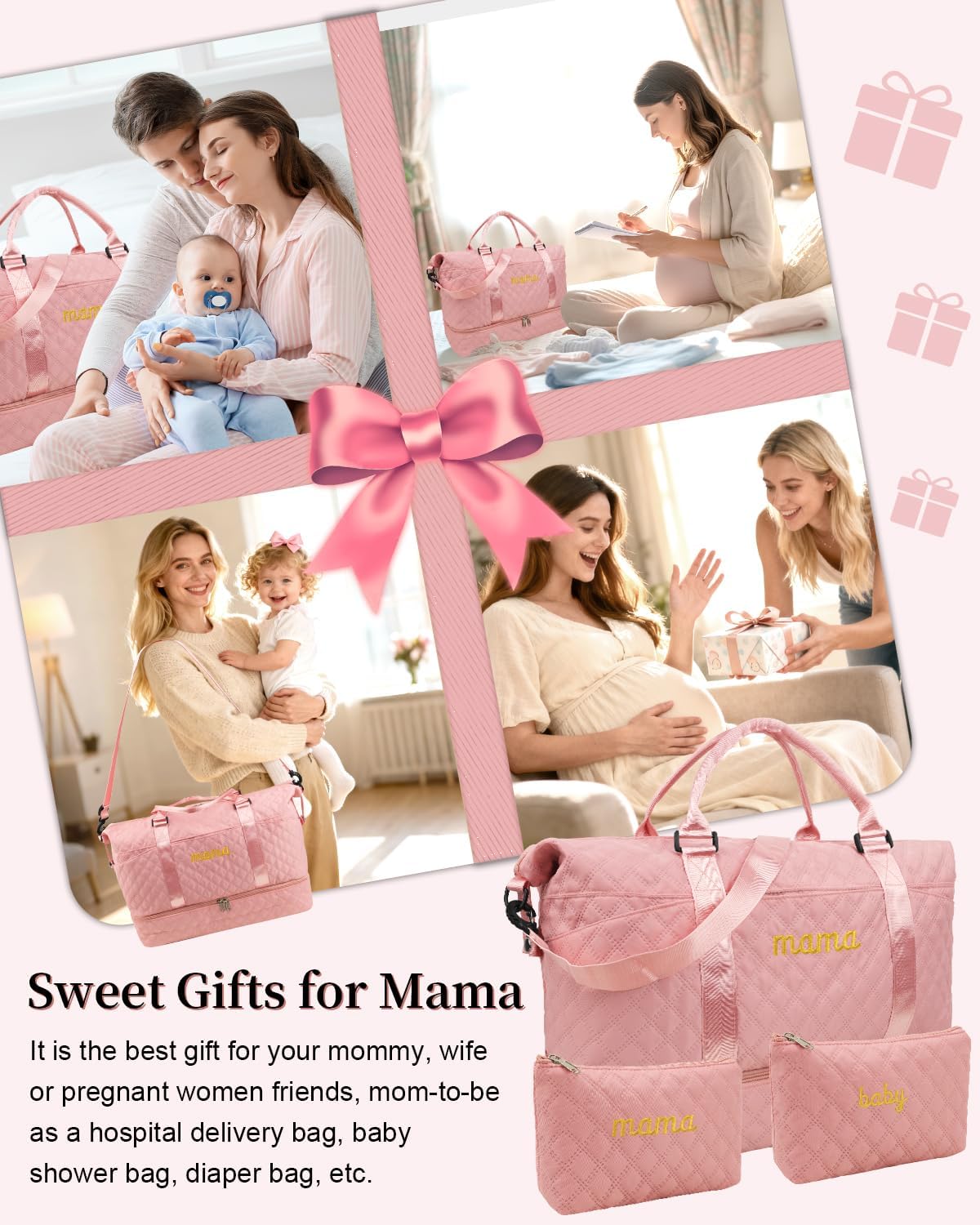 Mama Baby Pregnancy Hospital Bag Essentials for Women Labor Delivery Diaper Organizer with Shoe Compartment,2 Waterproof Toiletry Pouch Travel Duffle Bag for Mommy Weekender Overnight Gym Gifts,Pink