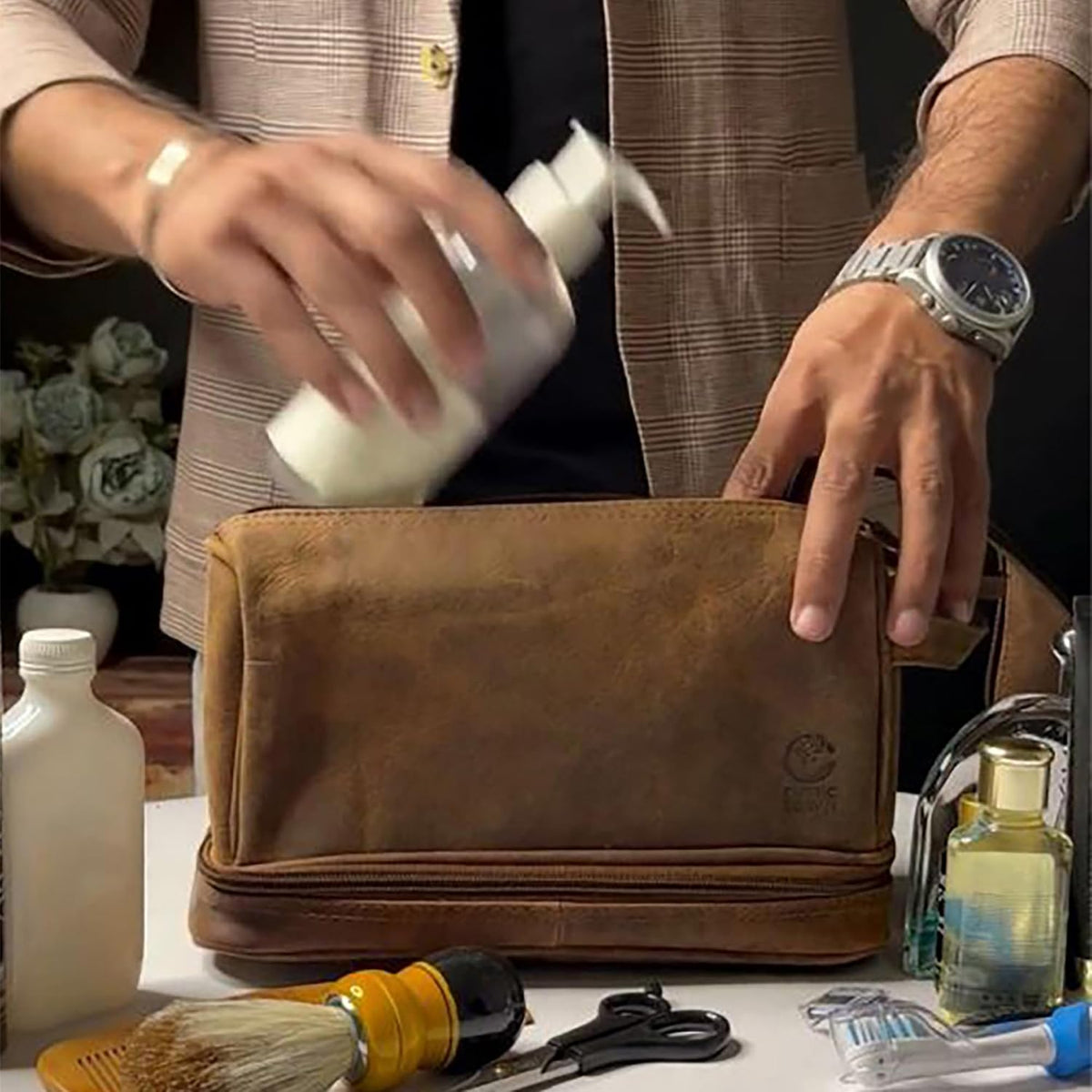 Leather Toiletry Bag for Men - Travel Shaving Dopp Kit - Bathroom Shower Toiletries Organizer - Cosmetic Make up Bag for Women