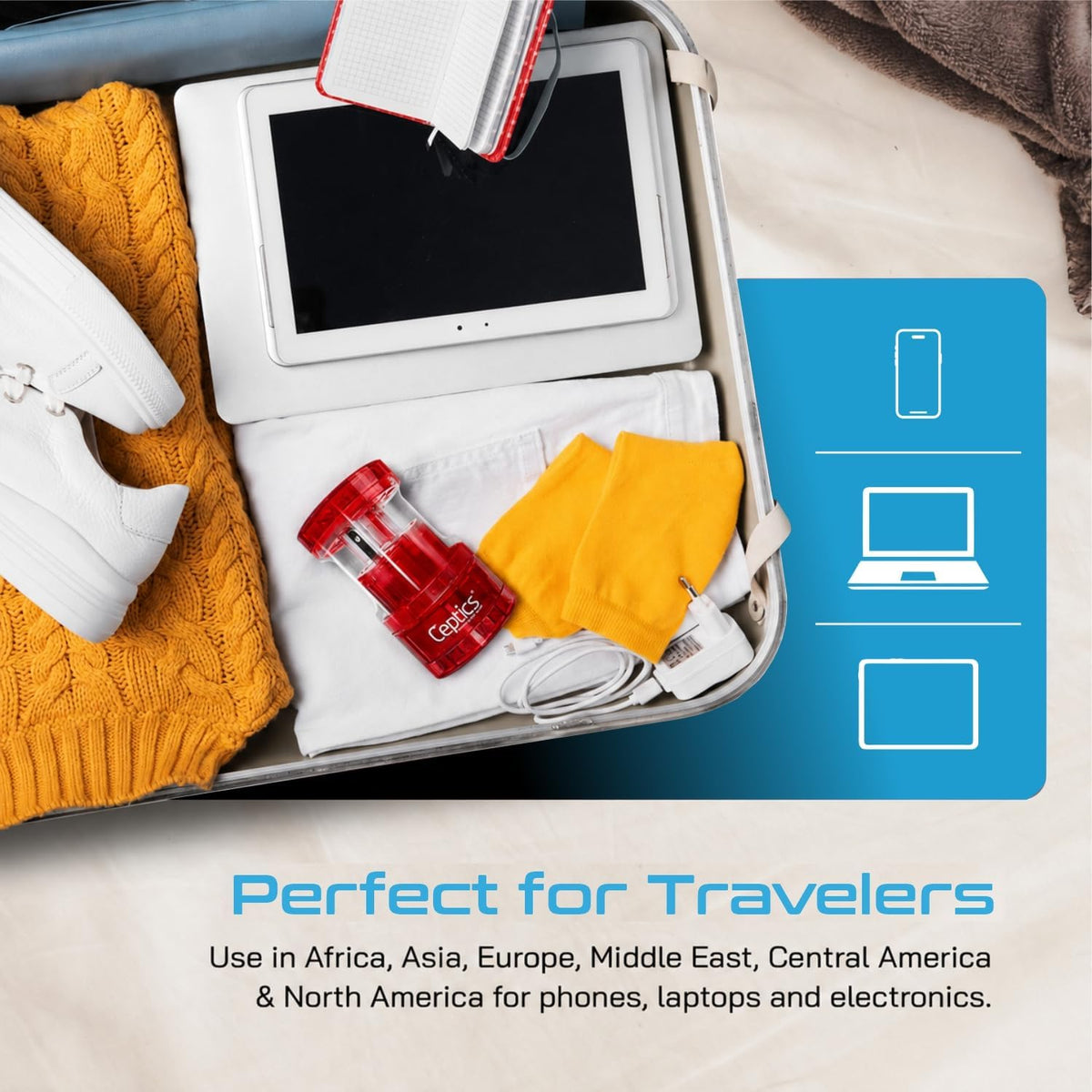 Ceptics International Power Adapter, Type A, C, G & I Plugs, Compact, Red