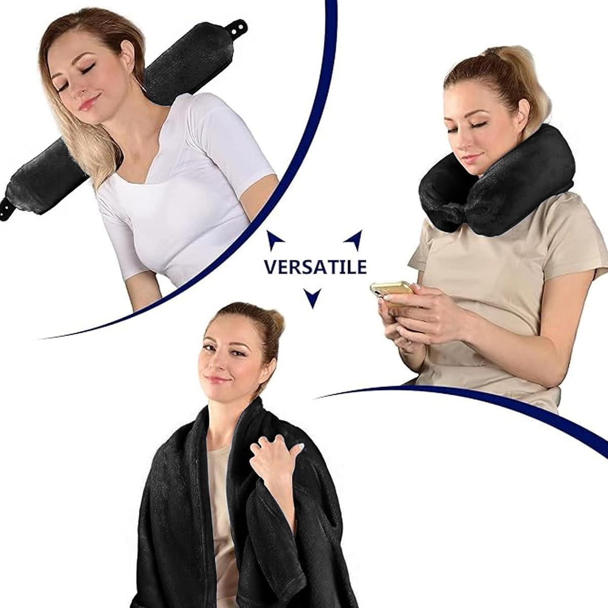 2 in 1 Neck Pillow with Blanket, Soft Flannel Multi-Functional Travel Combo, Portable Warm Neck Pillow Set for Airplane, Car and Camping Travel,Black