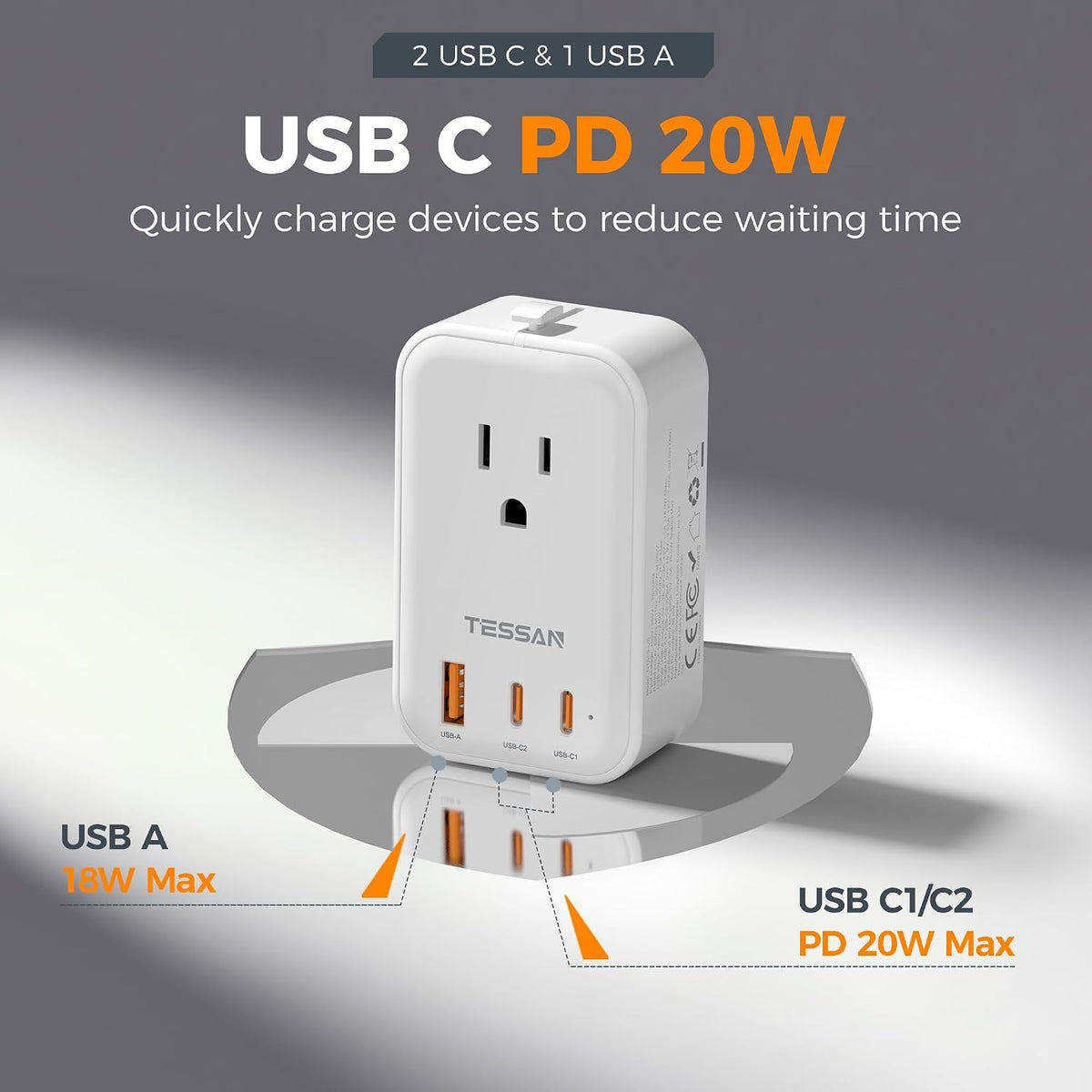 TESSAN Universal Travel Adapter PD 20W, White