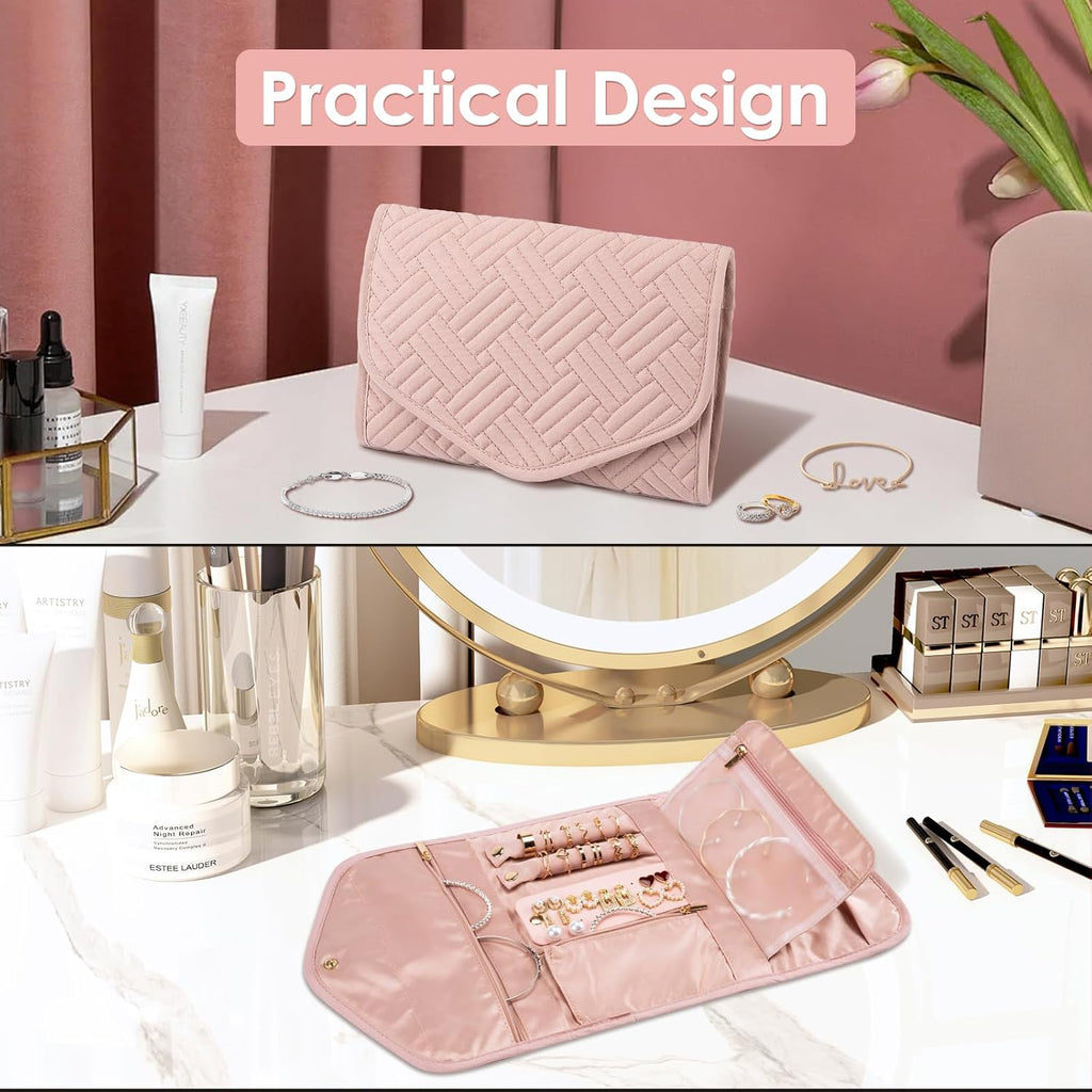 Amrules Travel Jewelry Roll Organizer Bag, Medium, Pink
